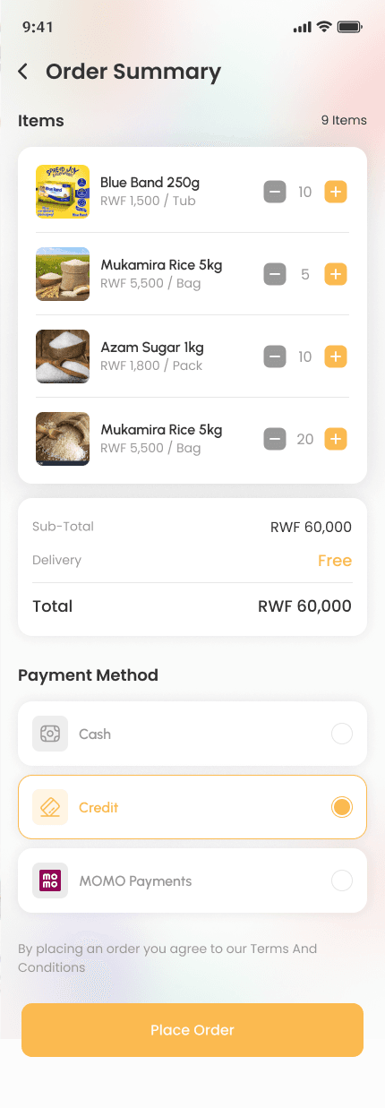 Order summary in the app: the items, the total, and credit picked as the way to pay
